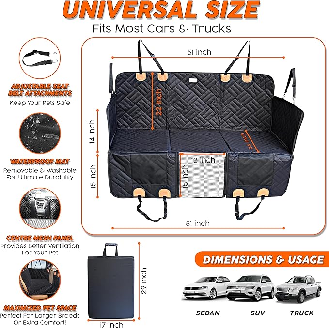 Back Seat Extender for Dogs Hard Bottom- Sturdy Dog Hammock for Car Hard Bottom Car Seat Cover for Dogs with Seatbelt- Dog Backseat Cover SUV, Truck