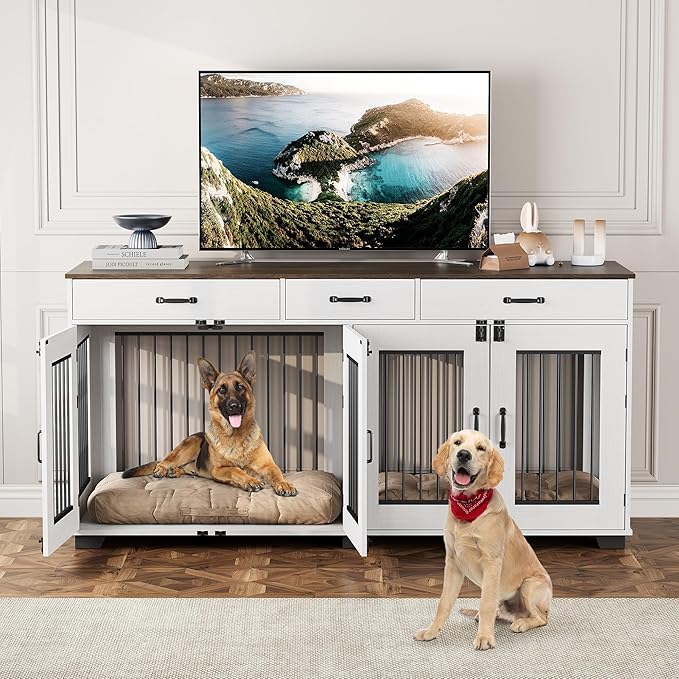 71 inch Dog Crate Furniture for 2 Dogs, Wooden Double Dog Crate with 3 Drawers and Removable Room Divider, XXL Indoor Dog Kennel TV Stand End Table with Double Doors for Large Medium Dogs, White
