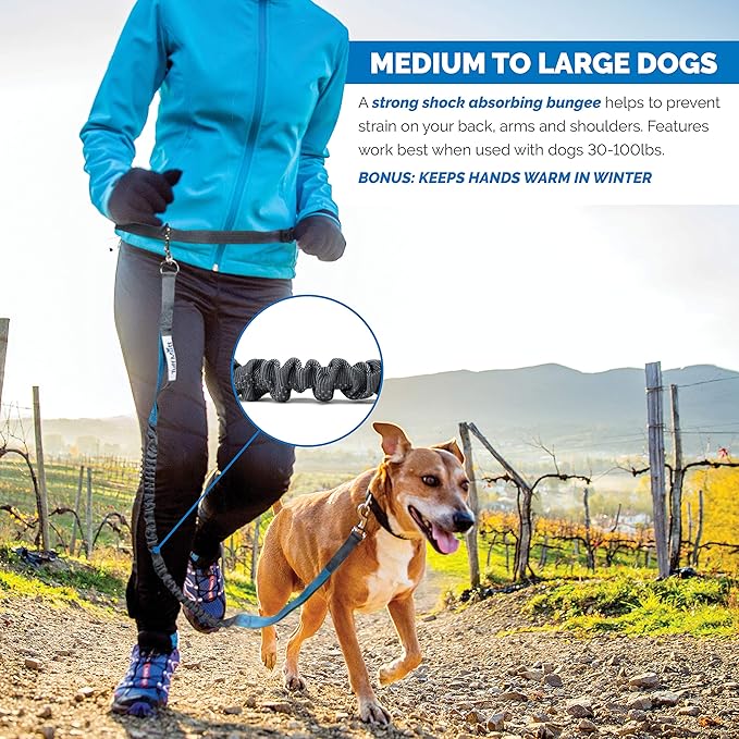 Tuff Mutt Hands-Free Waist Leash for Dog Walking, Running and Hiking, Carabiner Clip, Adjustable Belt with Double Handle, Reflective Bungee Design for Large & Medium Dogs