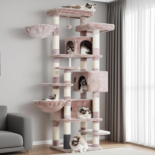 Hey-brother Cat Tree, 74 inches Multi-Level XL Large Cat Tower for Indoor Cats with Three Cat Condos, Two Large Top Decks and Cat Hairbrushfor Kittens, Cats and Pets,Muchroom MPJ035-MMU