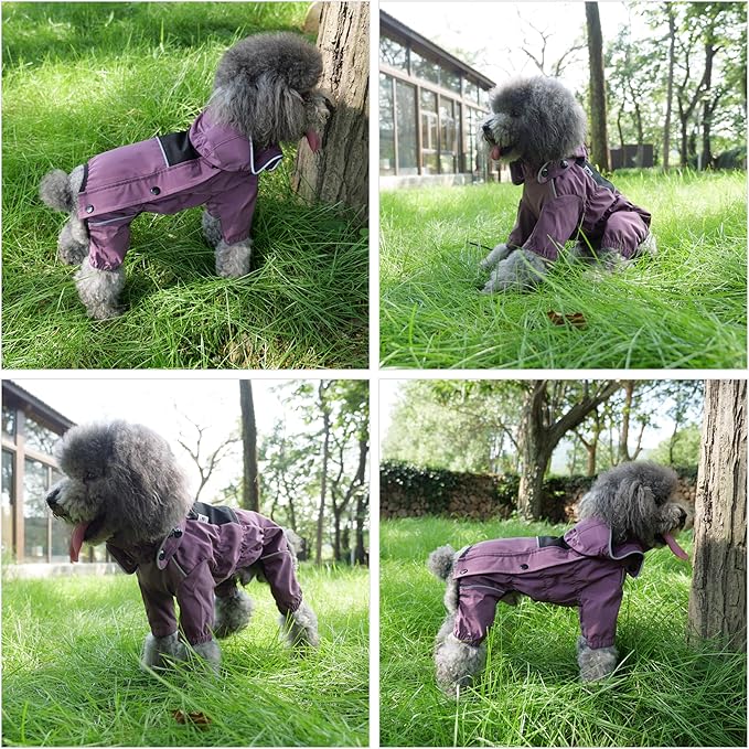 LOVELONGLONG Waterproof Dog Raincoat with Removable Hood – Outdoor Full Body Dog Jacket, Windproof Snowproof Shell Suit – All Season Pet Rain Gear Plum Purple M