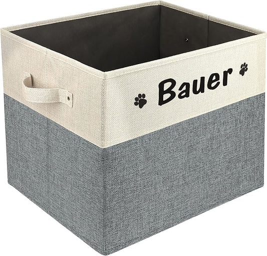 PET ARTIST Large Dog Toy Basket, Custom Toy Bin Box Personalized with Pet's Name, Collapsible Pet Storage Baksets With Handle for Living Room Area Hold Blankets,Accessories- Grey