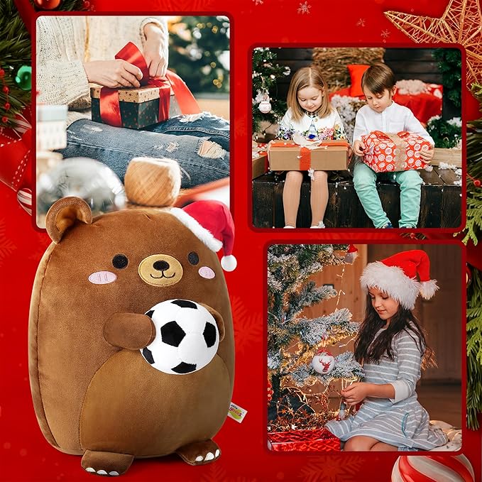 Onsoyours Original Christmas Bear Plush with Soccer Ball Santa Hat, Cute 12 inch Sport Brown Bear Stuffed Animal, Ultra Soft Hugging Xmas Gift Plush Toy for Kids & Adults