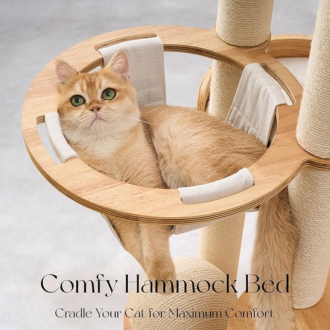 797Audio Modern Solid Wood Cat Tree Tower, 54" Tall Cat Tree with Sisal Scratching Posts, Capsule&Hammock,Natural Oak Wooden Cat Tower,Aesthetic Multi-Level Cat Climbing Tree for Large Indoor Cats