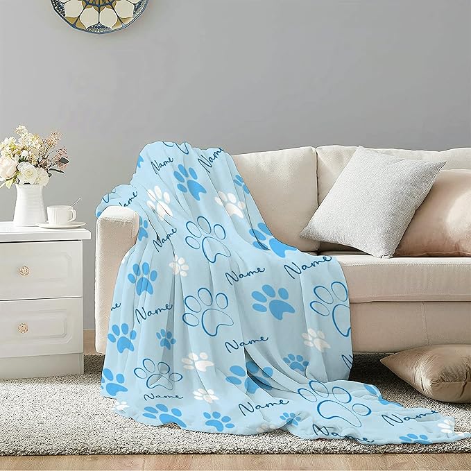 Custom Pet Name Blanket Personalized Dogs Customized Puppy ,Dog Gift for Dog Lovers Mom Dad Cute Paw Prints Soft Flannel Throw Bed Sofa Travel Extra Small 40''x30''