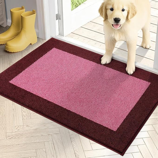 PURRUGS Dirt Trapping Door Mat 20" x 32", Non-Slip/Skid Machine Washable Entryway Rug, Shoes Scraper, Throw Rug, Super Absorbent Area Rug for Muddy Wet Shoes and Paws, Pink & Burgundy Red