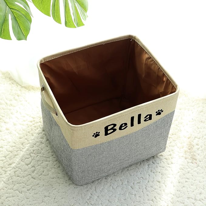 PET ARTIST Collapsible Dog Toy Storage Basket Bin with Personalized Pet's Name - Rectangular Storage Box Chest Organizer for Toys, Clothing, Apparel & Accessories (Grey Big One)