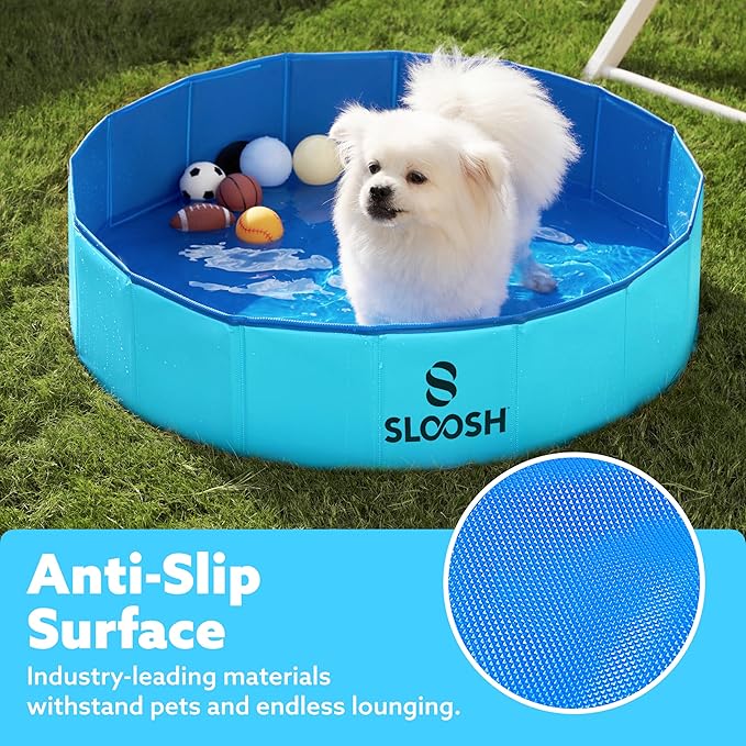 Sloosh Foldable Dog Kiddie Pool - Portable Hard Plastic Doggie Swimming Pool, Anti-Slip Collapsible Pets Bath Tub Suitable for Kids Toddler Indoor Outdoor Backyard Use (Blue, 32" x 8")