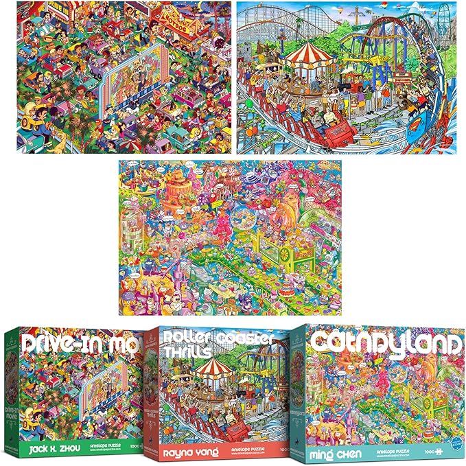 Antelope 3 in 1 1000 Piece Puzzle Bundle - Catndyland - 1000 Piece Jigsaw Puzzle with Drive in Movie and Roller Coaster