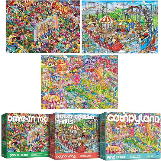 Antelope 3 in 1 1000 Piece Puzzle Bundle - Catndyland - 1000 Piece Jigsaw Puzzle with Drive in Movie and Roller Coaster