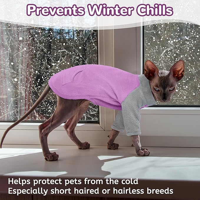 PUMYPOREITY Turtleneck Sweater for Sphynx Cat, Soft Coral Fleece Cat Clothes, Thick Winter Warm Outfit Coat with Sleeves, L, Purple