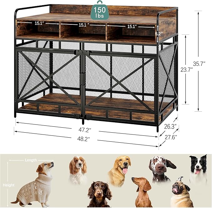 Dog Crate Furniture, 48" Heavy Duty Wooden Dog Crate End Table, XL Dog Kennel Furniture Large Breed, Decorative Dog Kenne Indoor with 3 Drawers & Steel Tubes 48" L x28 W x36 H (Rustic Brown)