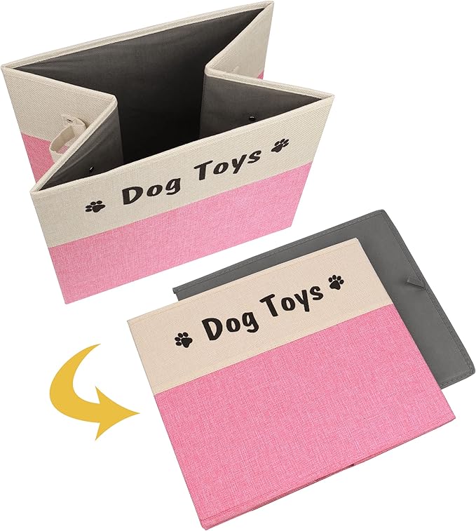 PET ARTIST Large Dog Toy Basket, Foldable Dog Toy Bin Box for Living Roon Area, Collapsible Storage Baskets with Comfortable Handles for Pet Coat,Accessories, Pink, 15"x13"x12"