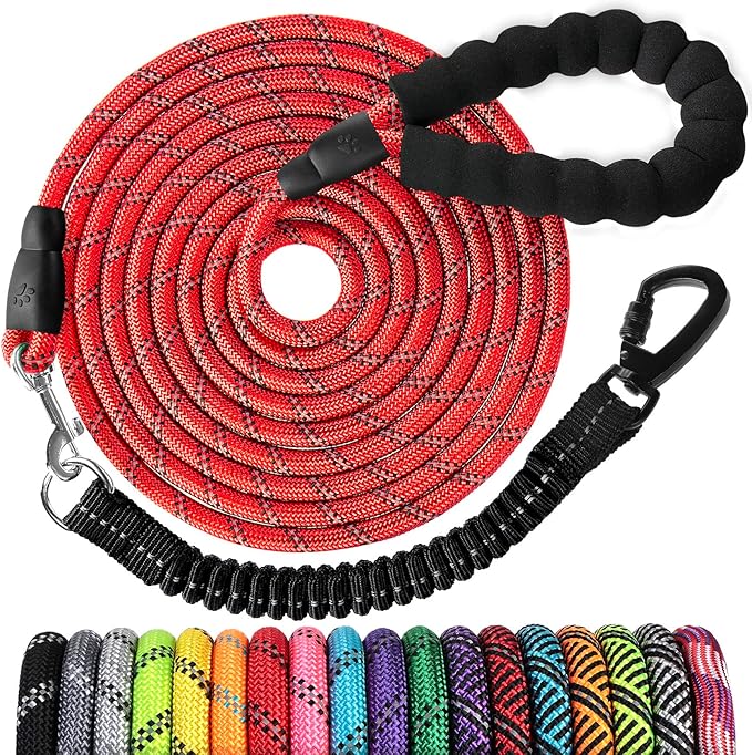 Long Dog Leash 15 FT: Heavy Duty Rope Leashes for Dogs Training with Swivel Lockable Hook Reflective Threads Bungee and Padded Handle - Dog Lead for Large Small Medium Dogs Outside Walking Hiking Red