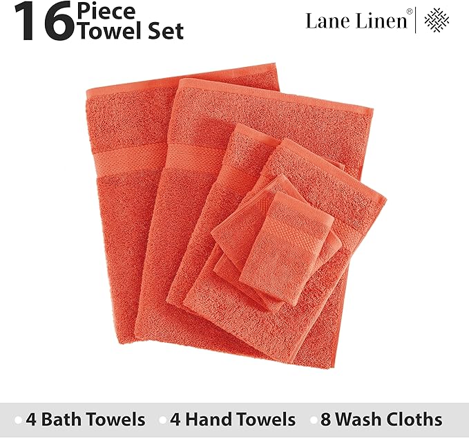 LANE LINEN 100% Cotton Luxury Bathroom Towel Set - 16 Pcs - Ring Spun, Quick Dry, Super Soft & Absorbent - 4 Bath, 8 Washcloths, 4 Hand Towels - Remains Fluffy After Multiple Washes - Living Coral