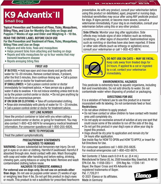 K9 Advantix II Small Dog Vet-Recommended Flea, Tick & Mosquito Treatment & Prevention | Dogs 4-10 lbs. | 2-Mo Supply