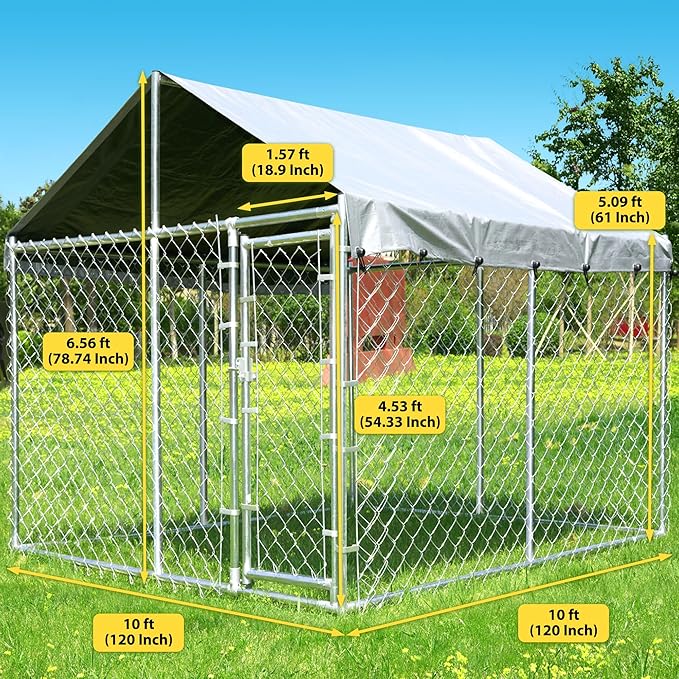 10'x10'x6.56' Large Outdoor Dog Kennel with Roof, Heavy Duty Outside Dog Run Enclosure Dog Pen House Pet Playpen with Galvanized Chain Link, Lockable Door, Waterproof Cover, for Small and Large Dogs