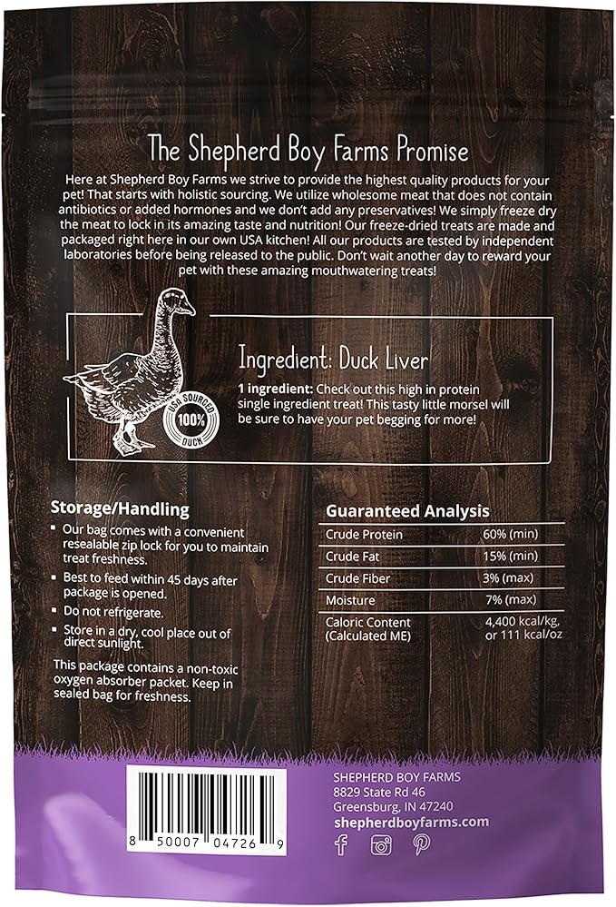 Shepherd Boy Farms Freeze Dried Dog and Cat Treats, Duck Liver, All Natural Single Ingredient Freeze-Dried Dog Treat & Snacks, Made in USA, High Protein, Essential Nutrition of Raw Food, 8oz