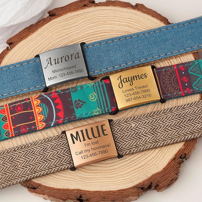 Anavia Slide On Silent Pet ID Tags, S/M/L/XL Personalized Stainless Steel Cat Dog Tag with Elastic Fabric Band, Engraved Nameplate Quiet Chew-Proof Pet Collar Tag (Rose Gold, Large)