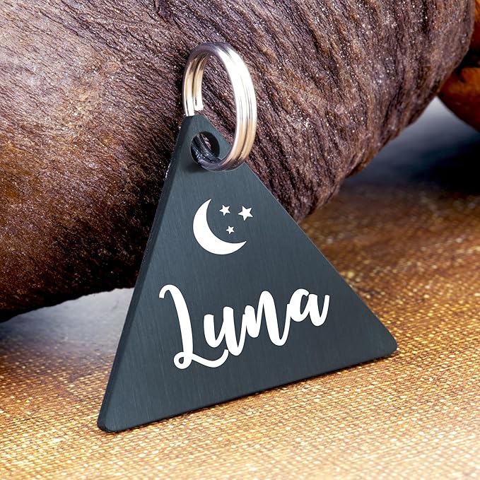 Ultra Joys Personalized Cat Collar Name Tag Small Pet ID Tags for Cats - Customized Mini Cute Dog Cat ID Tag - Bothside Engravable Lightweight Durable Stainless Steel - Triangle Tag in Black