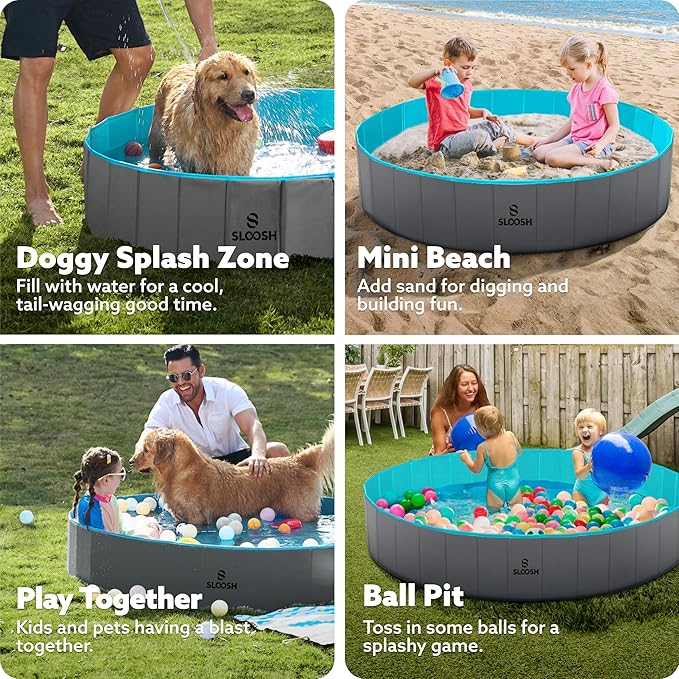 SLOOSH Foldable Dog Kiddie Pool - Portable Hard Plastic Doggie Swimming Pool, Anti-Slip Collapsible Pets Bath Tub Suitable for Kids Toddler Indoor Outdoor Backyard Use (Gray, 63" x 12")