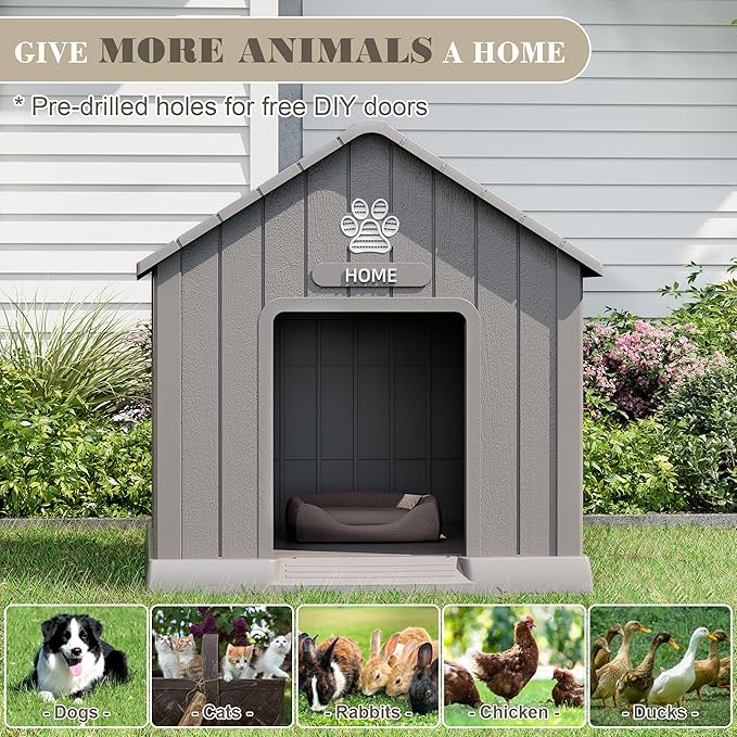 Dog House Outdoor Indoor - Waterproof, Ventilated, Easy to Clean, Elevated Floor for Small-Large Dogs, Easy to Assemble (Grey, 37.2" L x 40" W x 40" H)