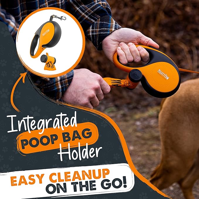 Mighty Paw Retractable Leash with Built-in Poop Bag Holder | 16' Long Retractable Dog Leash for Small Dogs, Medium Breeds & Large Pets with Tape for Quick Control. Poop Bags Included