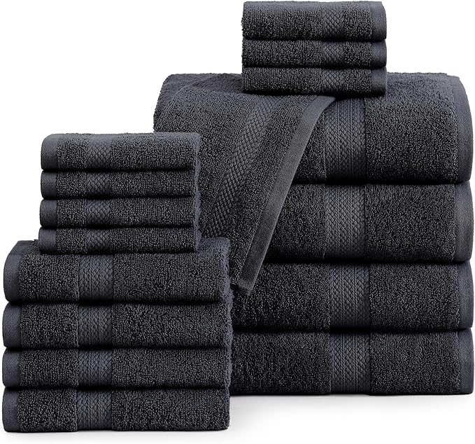 LANE LINEN 100% Cotton Luxury Towel Set for Bathroom - 16 Pieces, Ring Spun - Super Plush, Very Soft & Absorbent - 4 Bath Towels, 8 Washcloths, 4 Hand Towels - Suitable for All Skin Types - Black