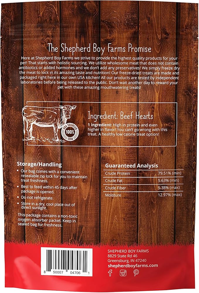 Shepherd Boy Farms Freeze Dried Dog and Cat Treats, Beef Heart, All Natural Single Ingredient Freeze-Dried Dog Treat & Snacks, Made in USA, High Protein, Essential Nutrition of Raw Food, 8oz