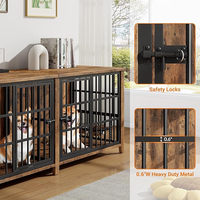 Lulive 78" Dog Crate Furniture for 1 Large or 2 Small/Medium, Extra Large Dog Kennel Indoor with Removable Divider & Adjustable Height Dog Bowls, Heavy Duty Wooden Double Dog Cage as TV Stand, Brown