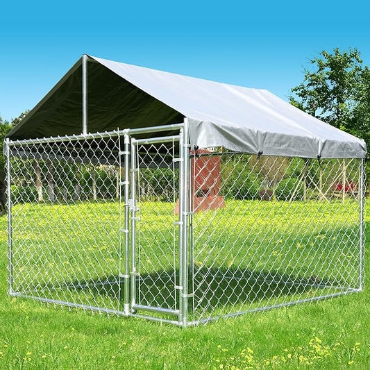 Large Dog Kennel Outdoor, Outside Dog Run Enclosure Heavy Duty Galvanized Steel Chain Link Metal Dog Pen House with Lockable Door and Water-resistant Roof, for Medium and Large Dogs(6.76'x6.76'x5.65')