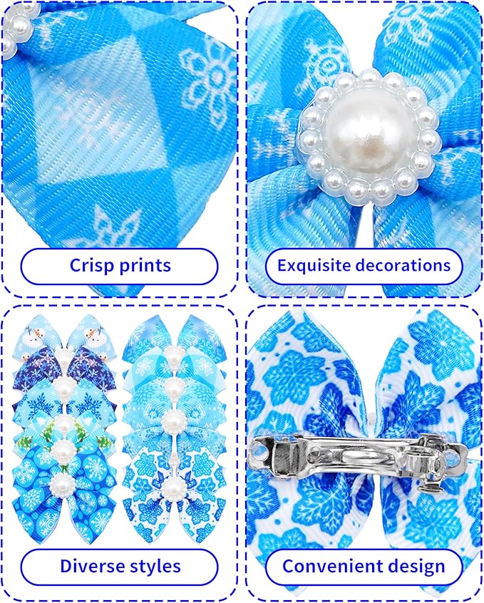 PET SHOW 10 Pack 2" Winter Small Dogs Hair Bows with French Clips Rhinestone Yorkie Barrette Clip Bowknot for Medium Dogs Puppy Pet Snowflake Topknot Cat Grooming Hair Accessories