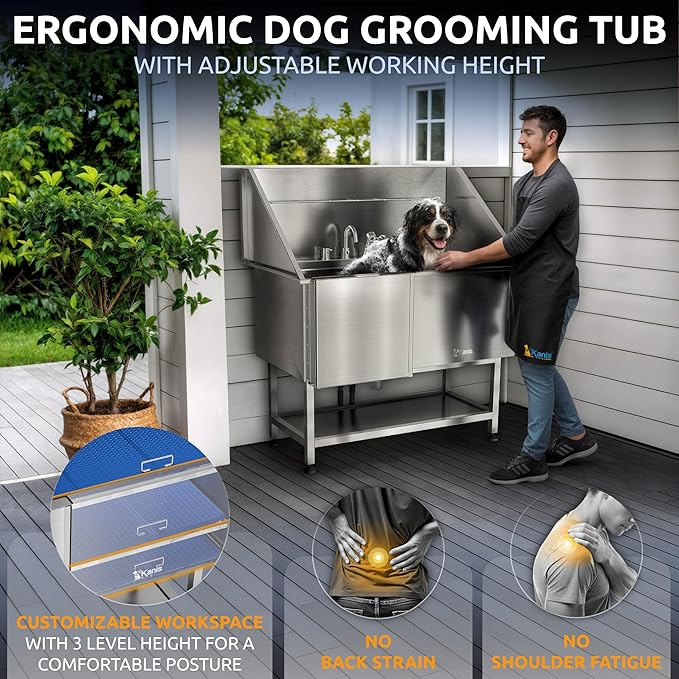KANIS Professional Dog Washing Station - 304 Stainless Steel Pet Wash Sink & Grooming Bathtub w/Shower, Floor Grates and Storage for Large, Medium & Small Pets (50", Shelf - Left Ramp)