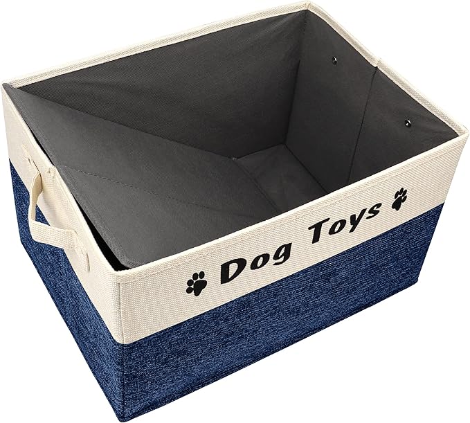 PET ARTIST Dog Toy Basket, Foldable Dog Toy Bin Box for Living Roon Area, Collapsible Storage Basket with Comfortable Handles for Pet Coat, Accessories, Navy Blue, 15"x11"x9"
