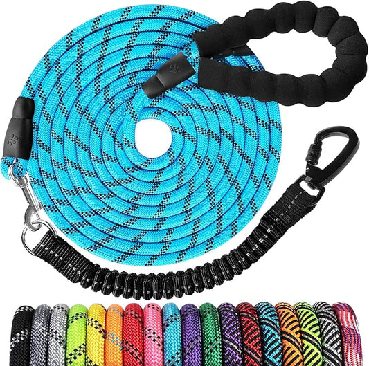 Long Dog Leash 10 FT: Heavy Duty Rope Leashes for Dogs Training with Swivel Lockable Hook Reflective Threads Bungee and Padded Handle - Dog Lead for Large Small Medium Dogs Outside Walking Hiking Blue