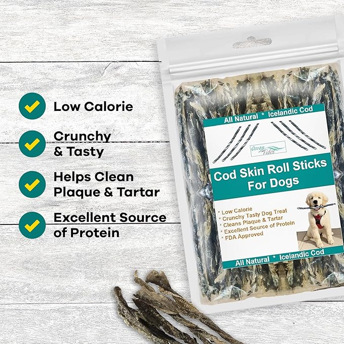 Ocean Tides Icelandic Atlantic Cod Fish Skin Treats for Dogs and Cats Dried Lean Crunch Sticks Chews