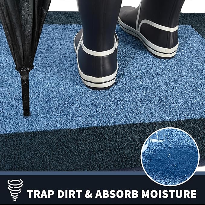 PURRUGS Dirt Trapping Door Mat 24" x 36", Non-Slip/Skid Machine Washable Entryway Rug, Shoes Scraper, Throw Rug, Super Absorbent Area Rug for Muddy Wet Shoes and Paws, Light Blue & Navy