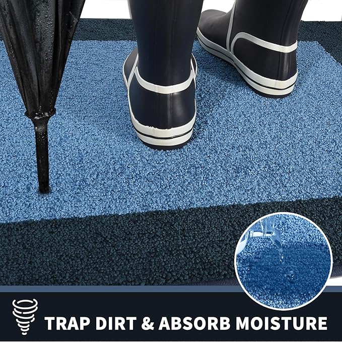 PURRUGS Dirt Trapping Door Mat 24" x 84", Non-Slip/Skid Machine Washable Entryway Rug, Shoes Scraper, Throw Rug, Super Absorbent Area Rug for Muddy Wet Shoes and Paws, Light Blue & Navy