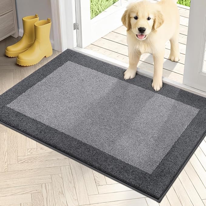 PURRUGS Dirt Trapping Door Mat 24" x 36", Non-Slip/Skid Machine Washable Entryway Rug, Shoes Scraper, Throw Rug, Super Absorbent Area Rug for Muddy Wet Shoes and Paws, Light Grey & Grey