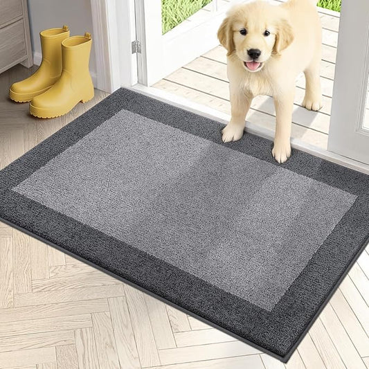 PURRUGS Dirt Trapping Door Mat 24" x 36", Non-Slip/Skid Machine Washable Entryway Rug, Shoes Scraper, Throw Rug, Super Absorbent Area Rug for Muddy Wet Shoes and Paws, Light Grey & Grey