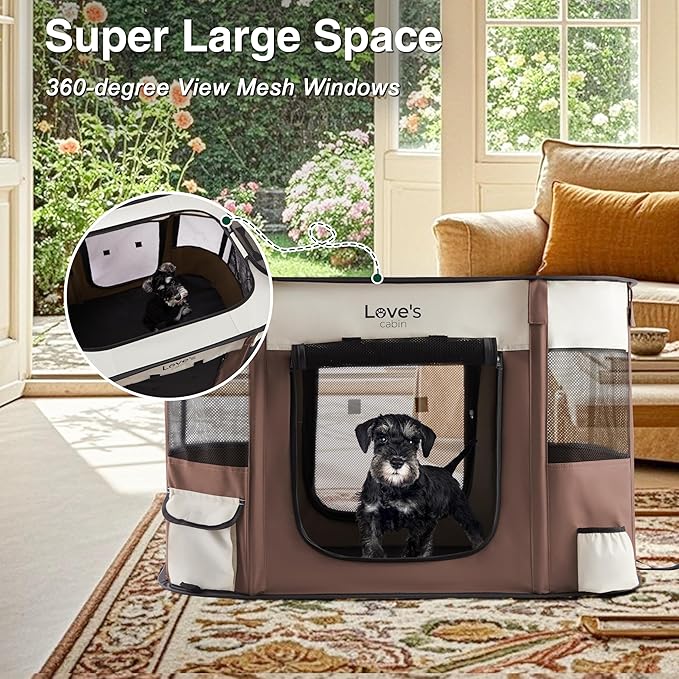Love's cabin Pet Puppy Dog Playpen, Small Dog Tent Crates Cage Indoor/Outdoor, Portable Exercise Playpen for Cat, Foldable Pop Up Dog Kennel Playpen with Carring Case (S, Brown)