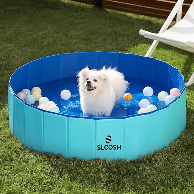 SLOOSH Foldable Dog Kiddie Pool - Portable Hard Plastic Doggie Swimming Pool, Anti-Slip Collapsible Pets Bath Tub Suitable for Kids Indoor Outdoor Backyard Use (48" x 12", Blue)