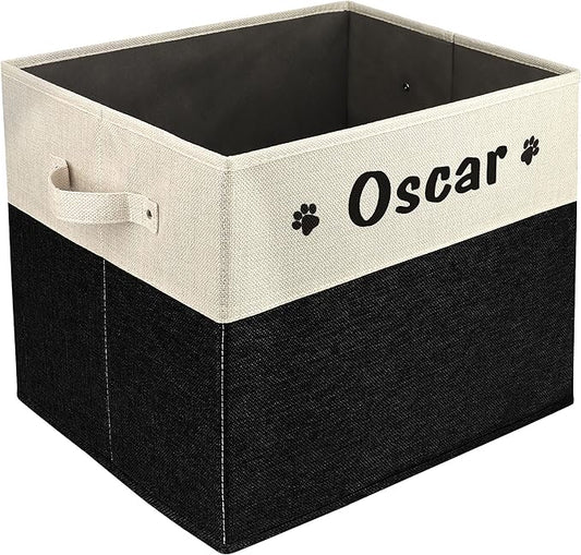 PET ARTIST Large Dog Toy Basket, Custom Toy Bin Box Personalized with Pet's Name, Collapsible Pet Storage Baksets With Handle for Toys,Blankets,Accessories- Black