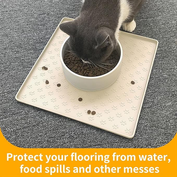 Ptlom Pet Placemat for Dog and Cat, Waterproof Non-Slip Silicone Feeding Bowl Mat Prevent Food and Water Overflow, Puppy Dish Feeder Fountain Trays Suitable for Medium and Small Pets, Beige