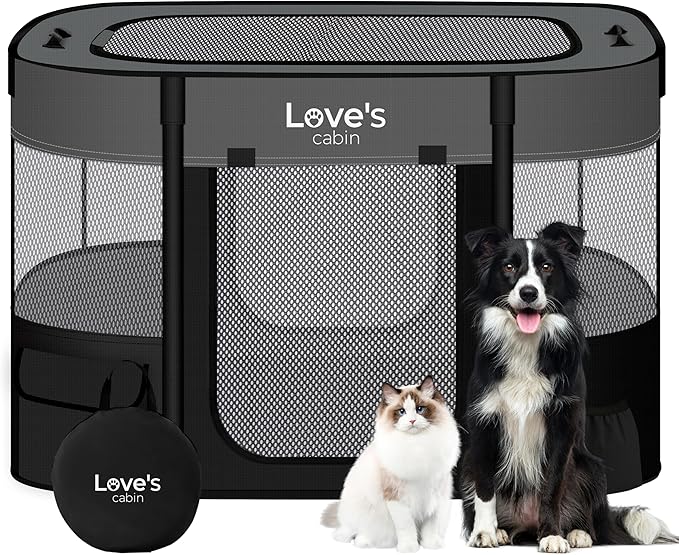 Love's cabin Pet Puppy Dog Playpen, Large Dog Tent Crates Cage Indoor/Outdoor, Portable Exercise Playpen for Dog and Cat, Foldable Pop Up Dog Kennel Playpen with Carring Case (L, Grey)