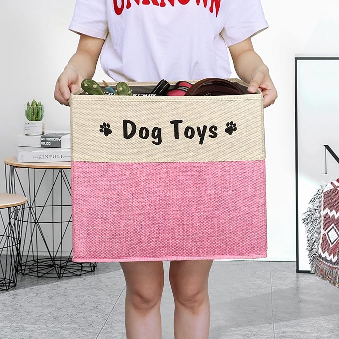 PET ARTIST Large Dog Toy Basket, Foldable Dog Toy Bin Box for Living Roon Area, Collapsible Storage Baskets with Comfortable Handles for Pet Coat,Accessories, Pink, 15"x13"x12"