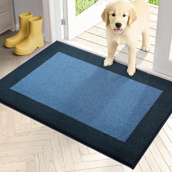 PURRUGS Dirt Trapping Door Mat 24" x 36", Non-Slip/Skid Machine Washable Entryway Rug, Shoes Scraper, Throw Rug, Super Absorbent Area Rug for Muddy Wet Shoes and Paws, Light Blue & Navy