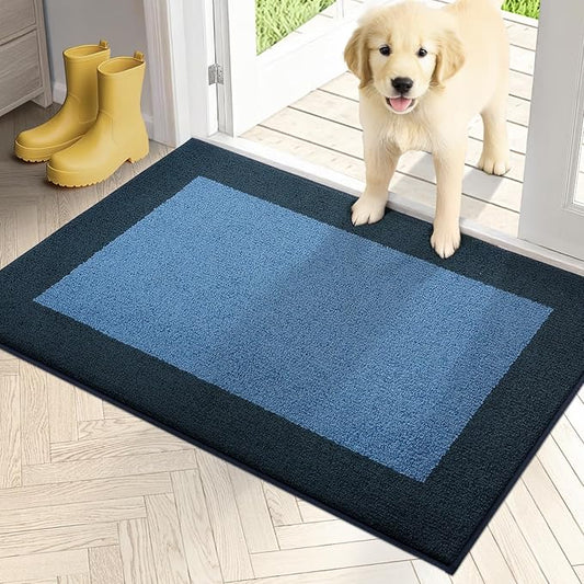 PURRUGS Dirt Trapping Door Mat 24" x 36", Non-Slip/Skid Machine Washable Entryway Rug, Shoes Scraper, Throw Rug, Super Absorbent Area Rug for Muddy Wet Shoes and Paws, Light Blue & Navy