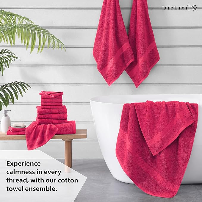 LANE LINEN 100% Mercerized Cotton Luxury Bathroom Towel Set - 16 Pcs - Premium Super Soft, Fluffy & Highly Absorbent - 4 Bath Towels, 8 Washcloths, 4 Hand Towels - Pre Shrunk, Pet Friendly - Fuschia