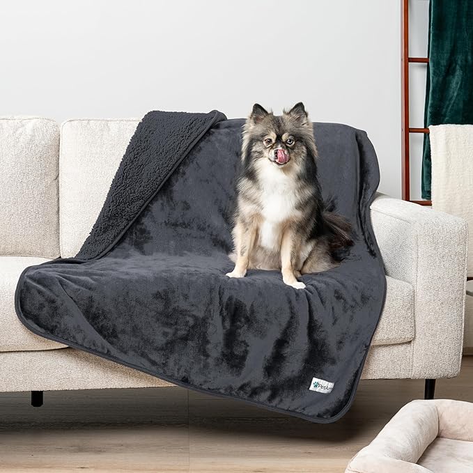 PetAmi Waterproof Dog Blanket Sherpa Fleece, Pet for Medium Large Dogs, Reversible Cat Throw Bed Couch Sofa Furniture Protector, Soft Plush Microfiber (Queen 90x90, Gray), Queen (90x90)
